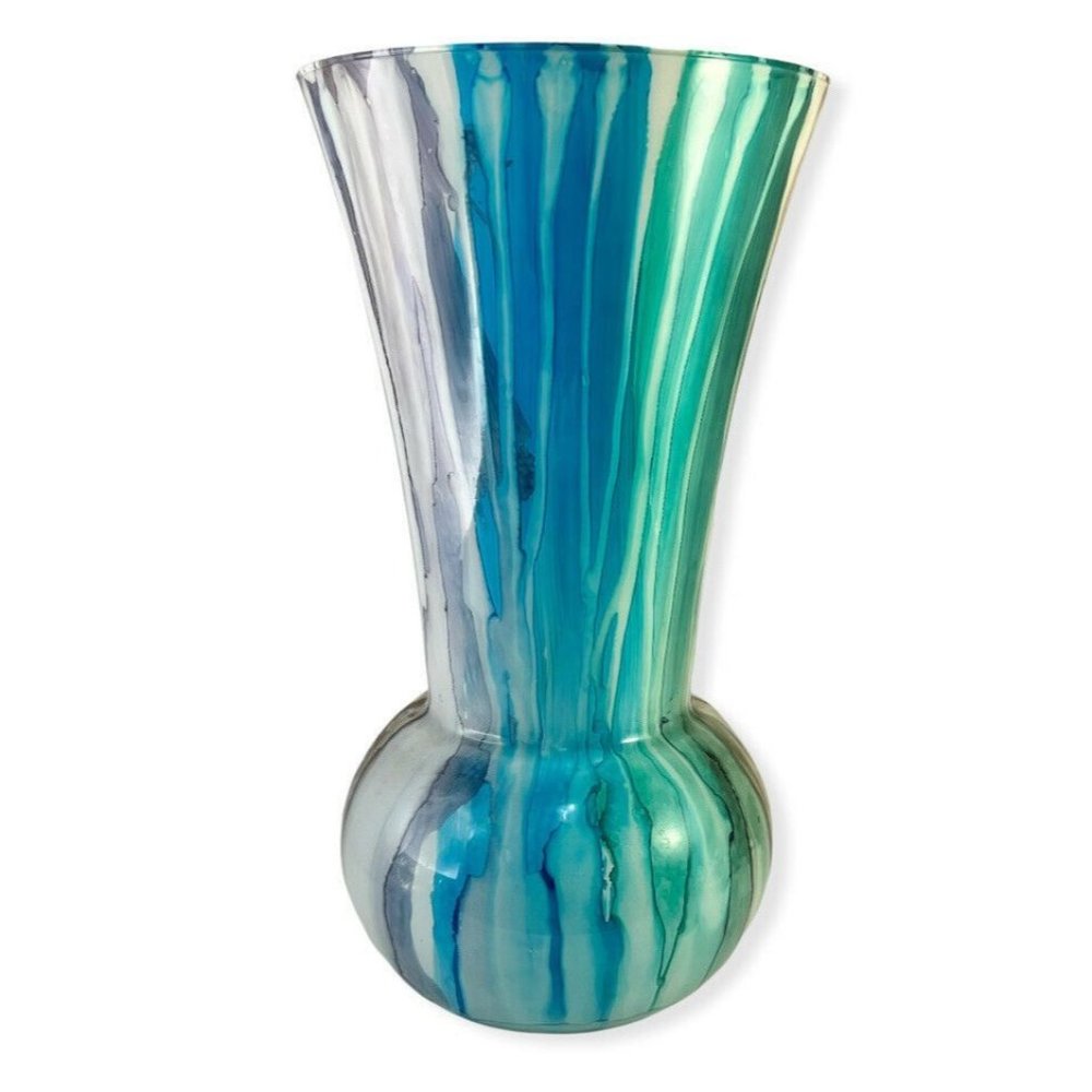 Genuine Franco DEsign Italian Art Glass Blue Green Vase 12.5” High